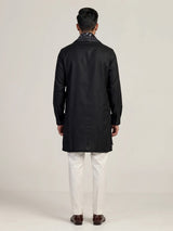 Black cotton embroidered kurta suit with woven dupatta