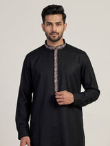 Black cotton embroidered kurta suit with woven dupatta