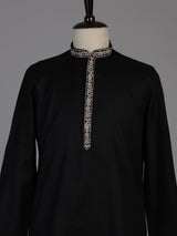 Black cotton embroidered kurta suit with woven dupatta