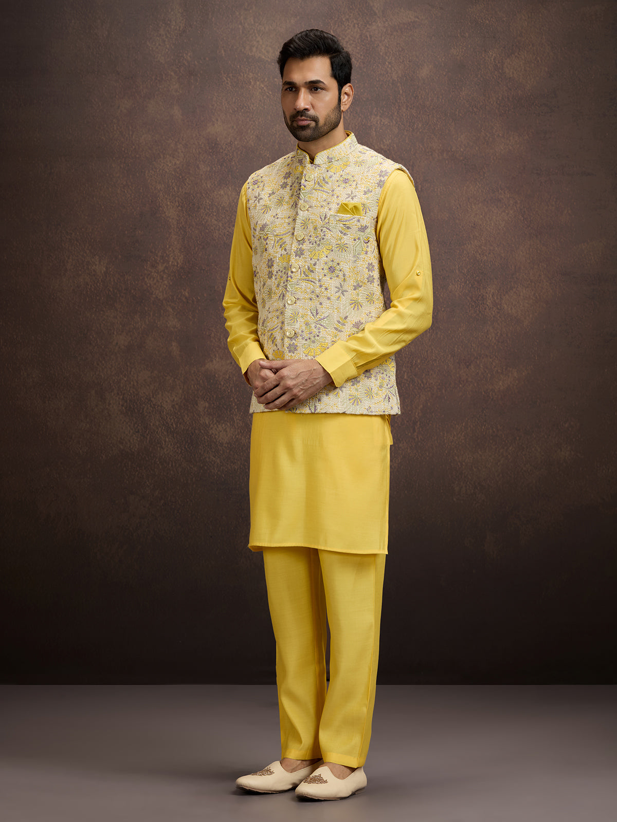 Yellow cotton linen waistcoat set