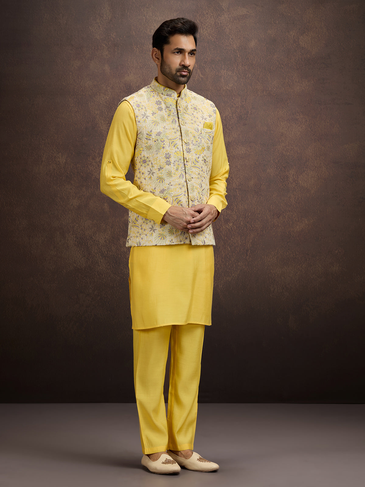Yellow cotton linen waistcoat set