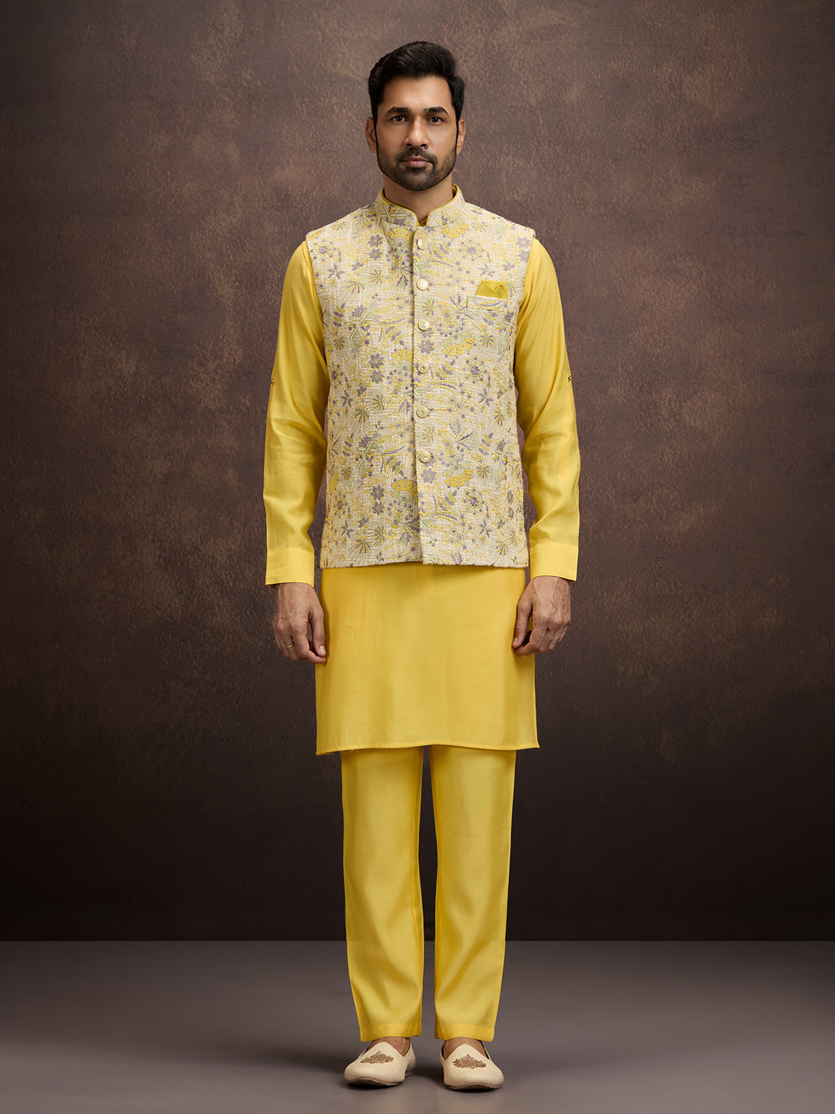 Yellow cotton linen waistcoat set