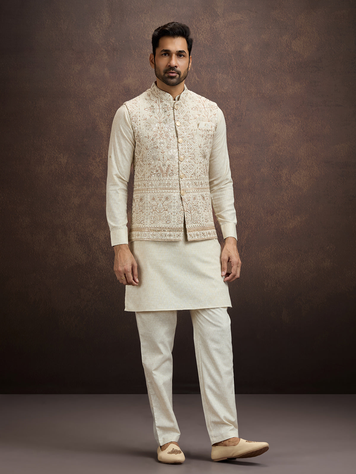 Cream embroidered cotton linen waistcoat set