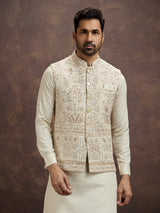 Cream embroidered cotton linen waistcoat set