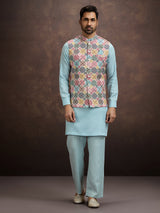 Powder sky blue cotton linen waistcoat set
