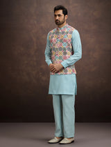 Powder sky blue cotton linen waistcoat set