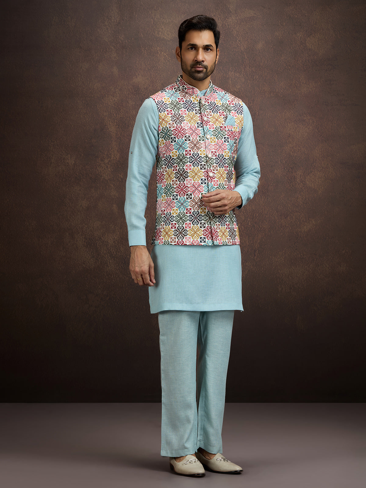 Powder sky blue cotton linen waistcoat set