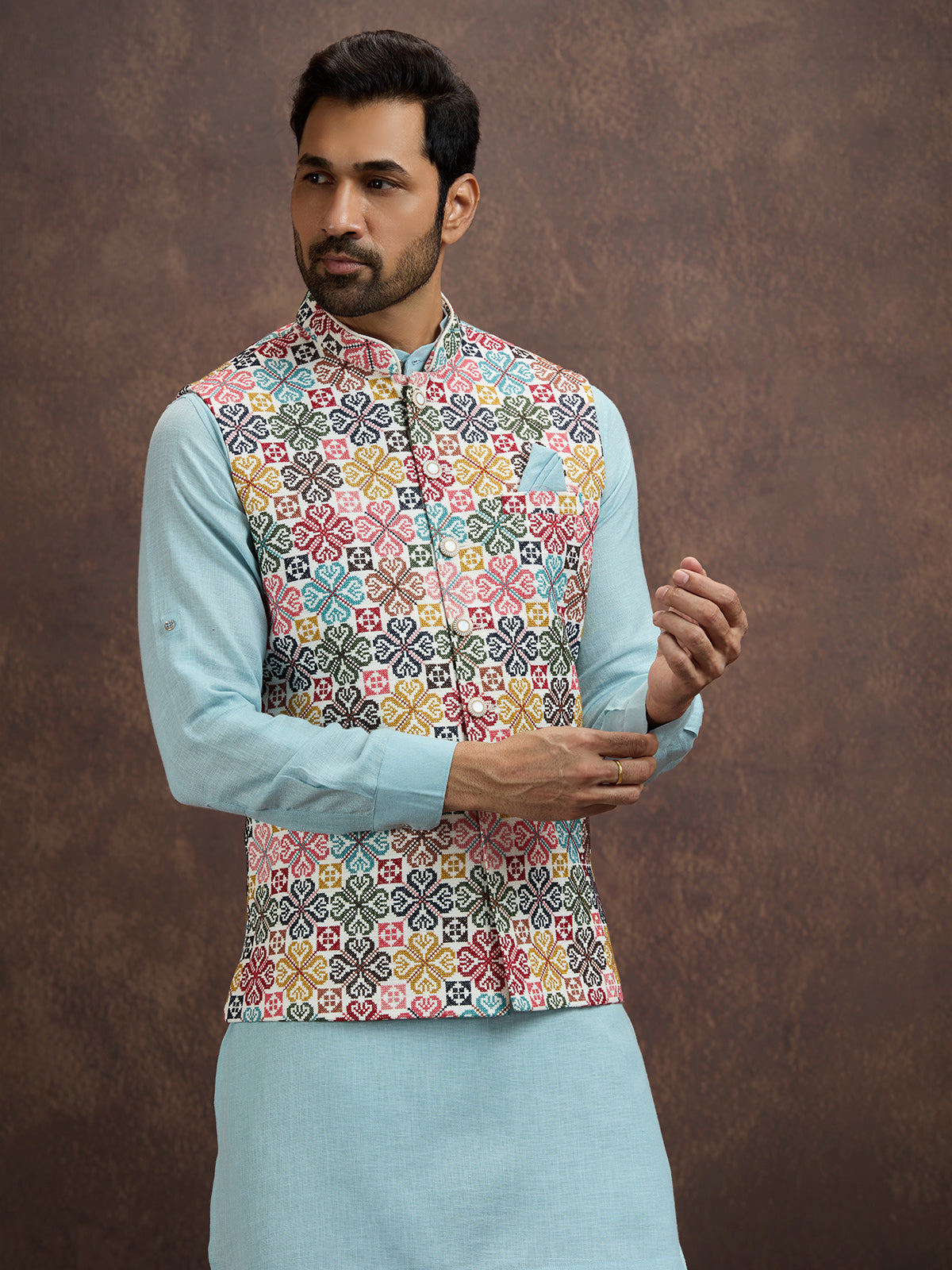 Powder sky blue cotton linen waistcoat set