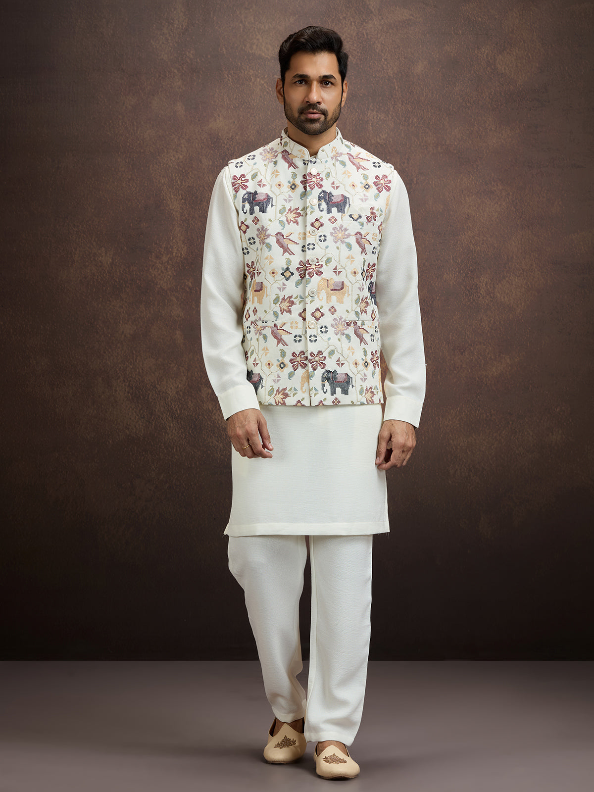 Denim slate blue pichwai embroidered mens waistcoat set in cotton linen