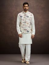 Denim slate blue pichwai embroidered mens waistcoat set in cotton linen