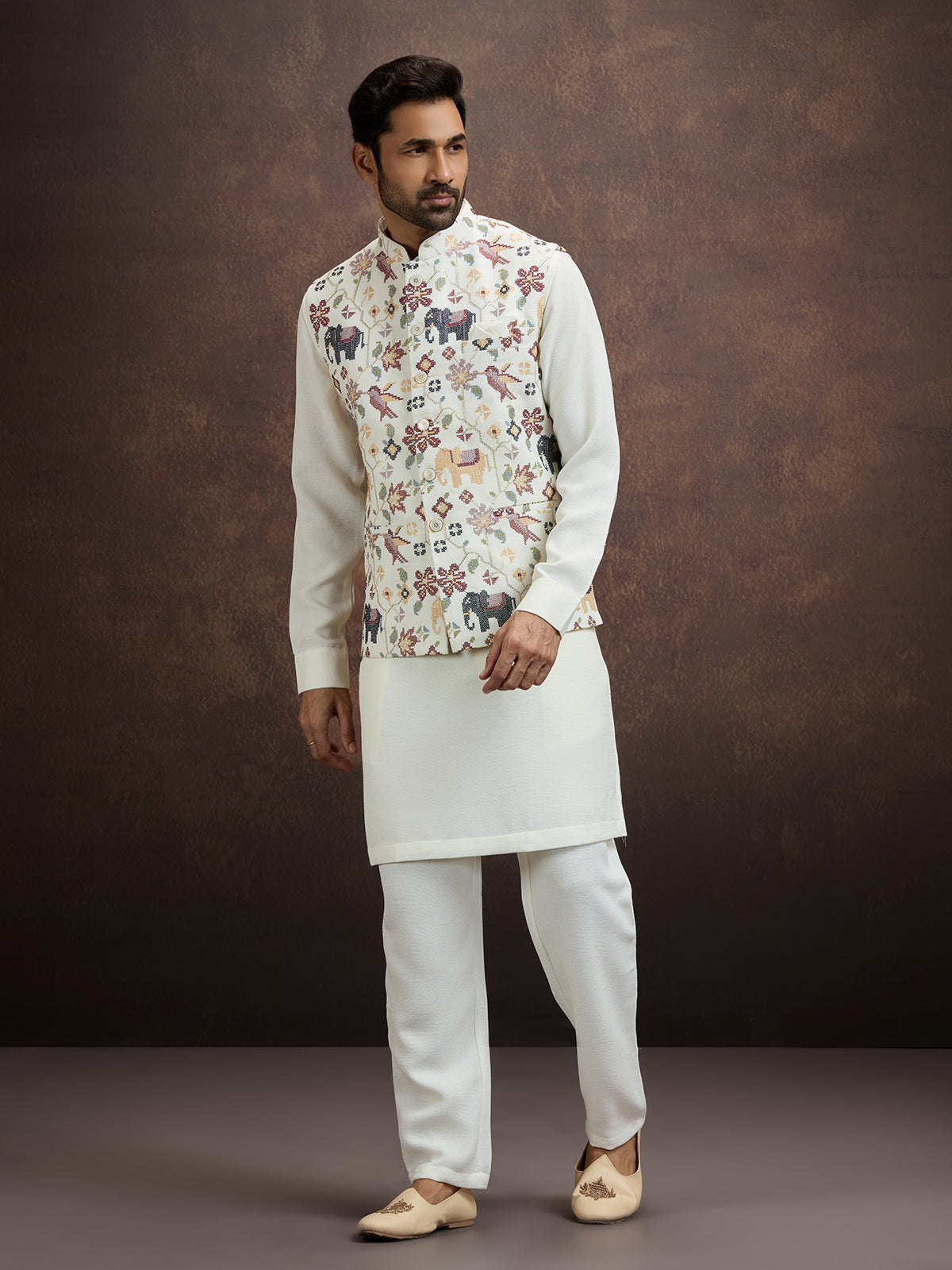 Denim slate blue pichwai embroidered mens waistcoat set in cotton linen