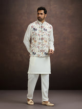 Denim slate blue pichwai embroidered mens waistcoat set in cotton linen
