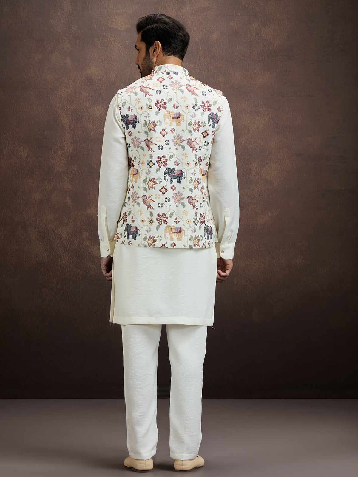 Denim slate blue pichwai embroidered mens waistcoat set in cotton linen