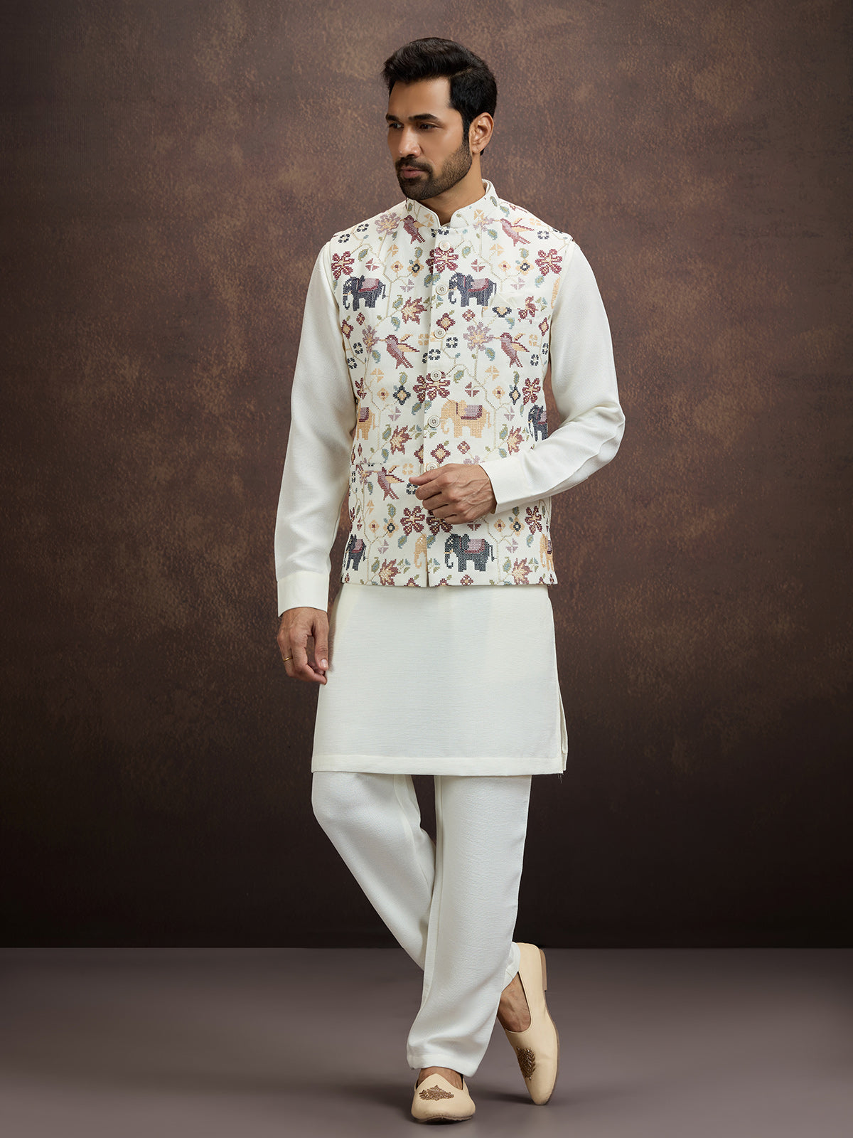 Denim slate blue pichwai embroidered mens waistcoat set in cotton linen