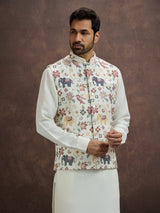 Denim slate blue pichwai embroidered mens waistcoat set in cotton linen