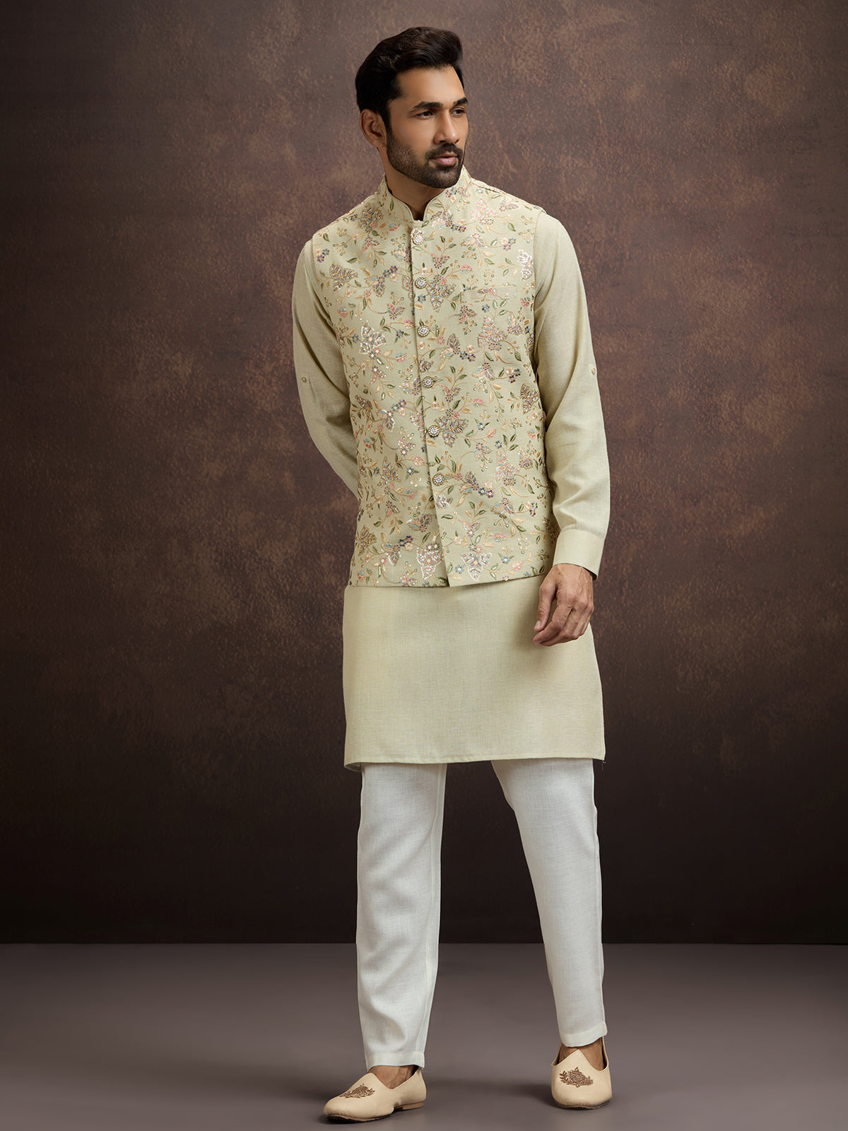 Pastel mint green floral embroidered mens waistcoat set in cotton linen