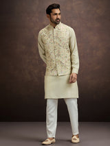 Pastel mint green floral embroidered mens waistcoat set in cotton linen
