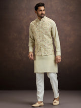 Pastel mint green floral embroidered mens waistcoat set in cotton linen
