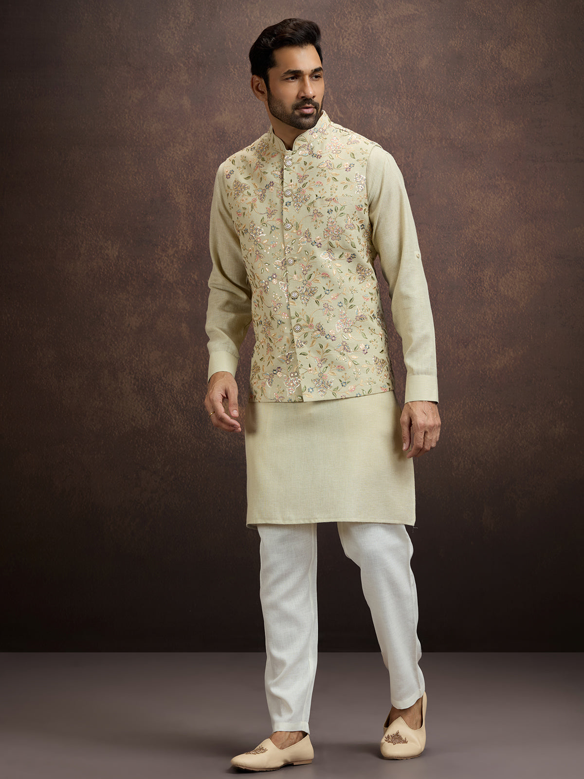 Pastel mint green floral embroidered mens waistcoat set in cotton linen