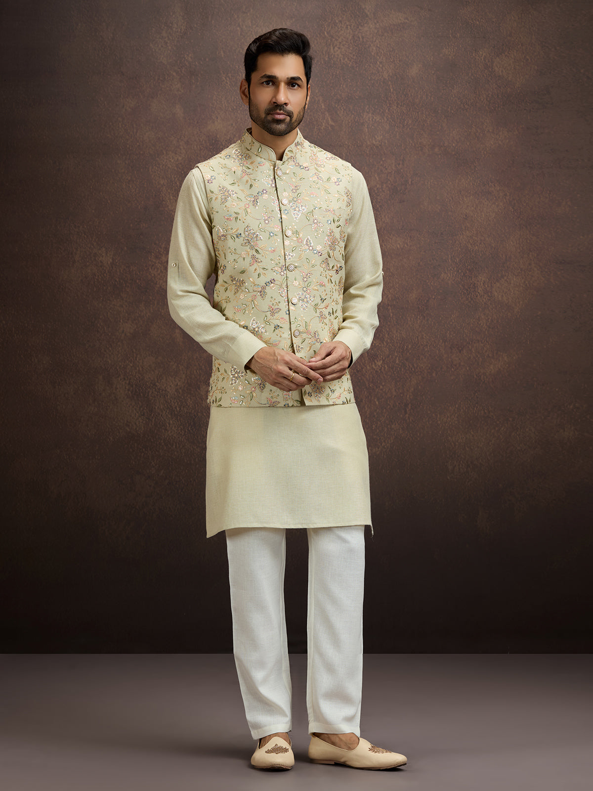 Pastel mint green floral embroidered mens waistcoat set in cotton linen