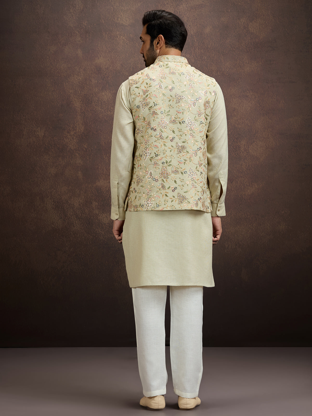 Pastel mint green floral embroidered mens waistcoat set in cotton linen