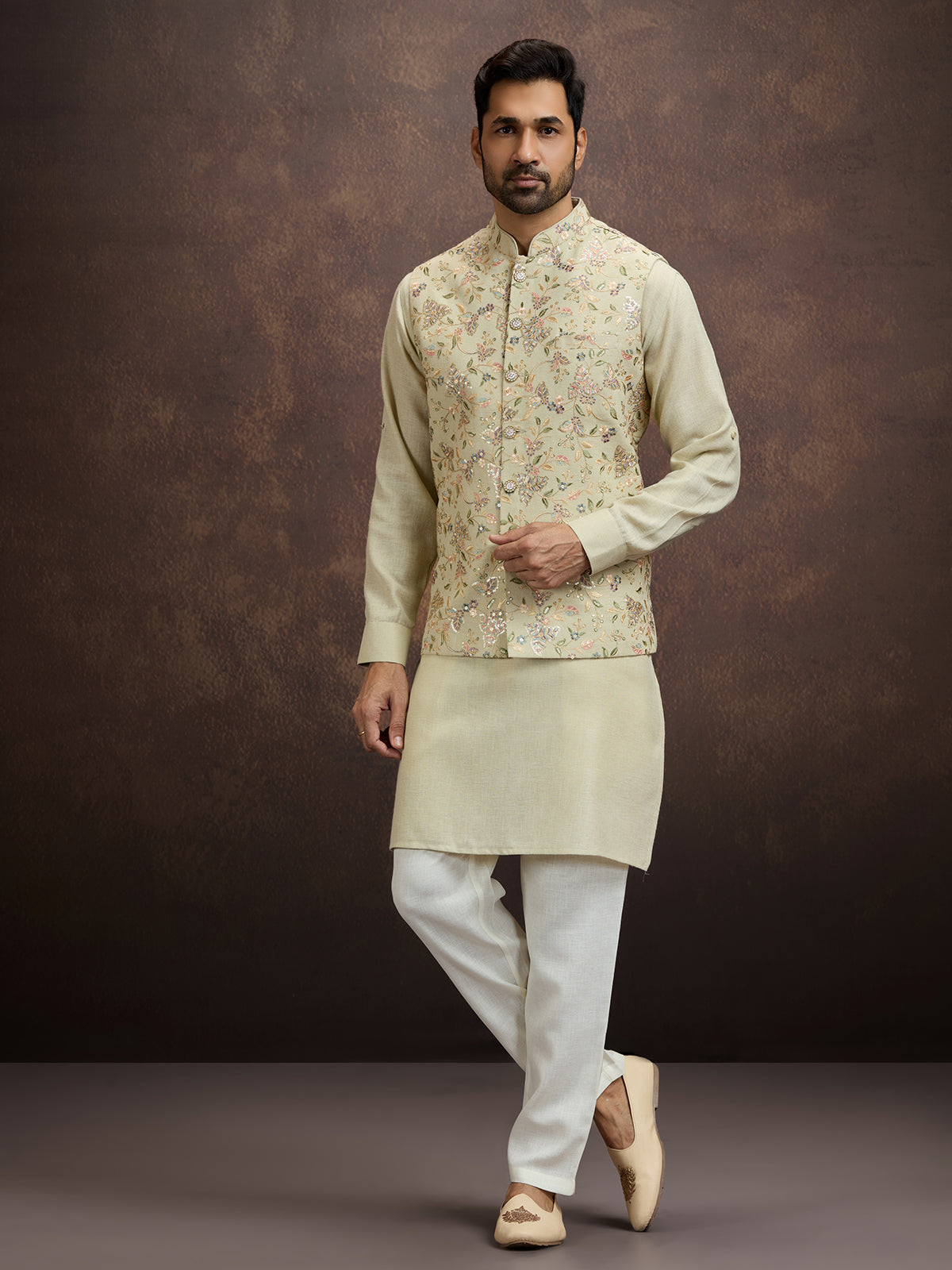 Pastel mint green floral embroidered mens waistcoat set in cotton linen