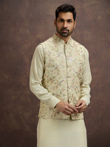 Pastel mint green floral embroidered mens waistcoat set in cotton linen