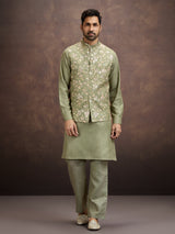 Moss green floral embroidered mens waistcoat set in cotton linen