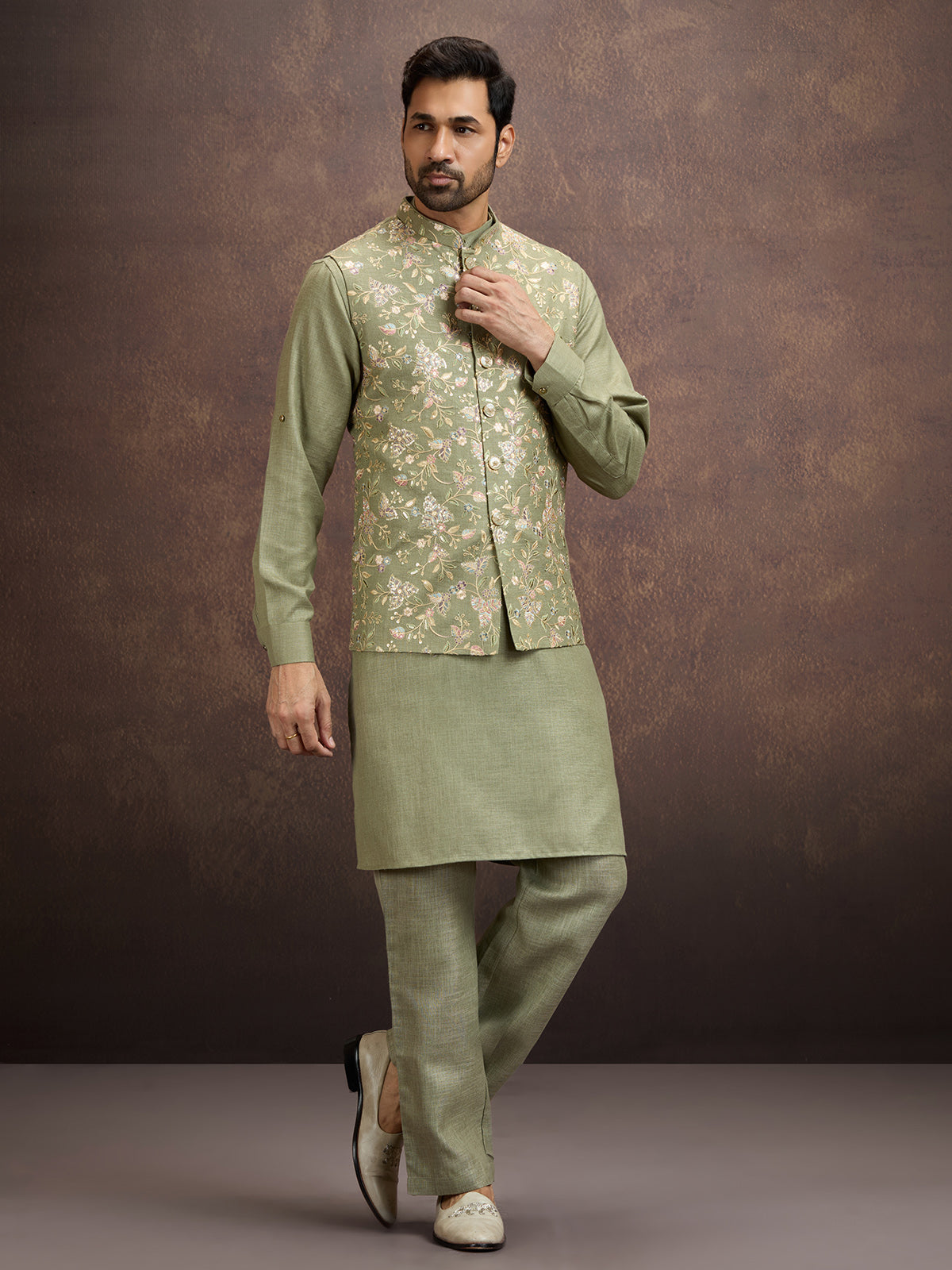 Moss green floral embroidered mens waistcoat set in cotton linen