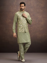 Moss green floral embroidered mens waistcoat set in cotton linen