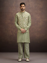 Moss green floral embroidered mens waistcoat set in cotton linen