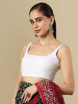 White linen solid blouse with round neckline and back opening