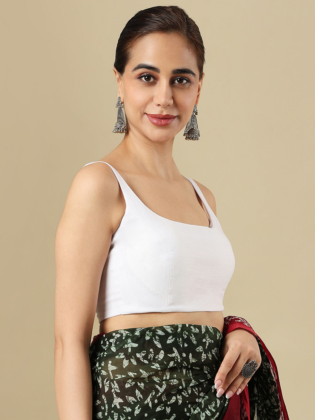 White linen solid blouse with round neckline and back opening