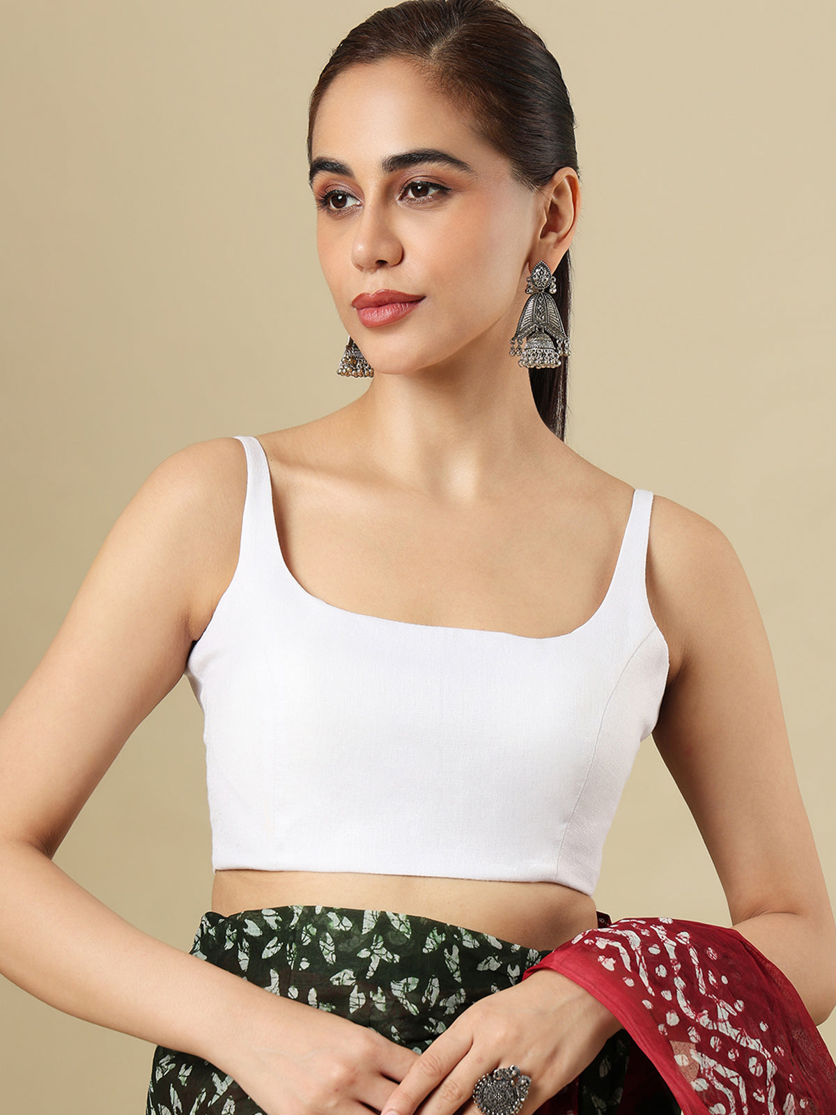 White linen solid blouse with round neckline and back opening