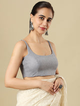 Grey linen solid blouse with round neckline and back opening