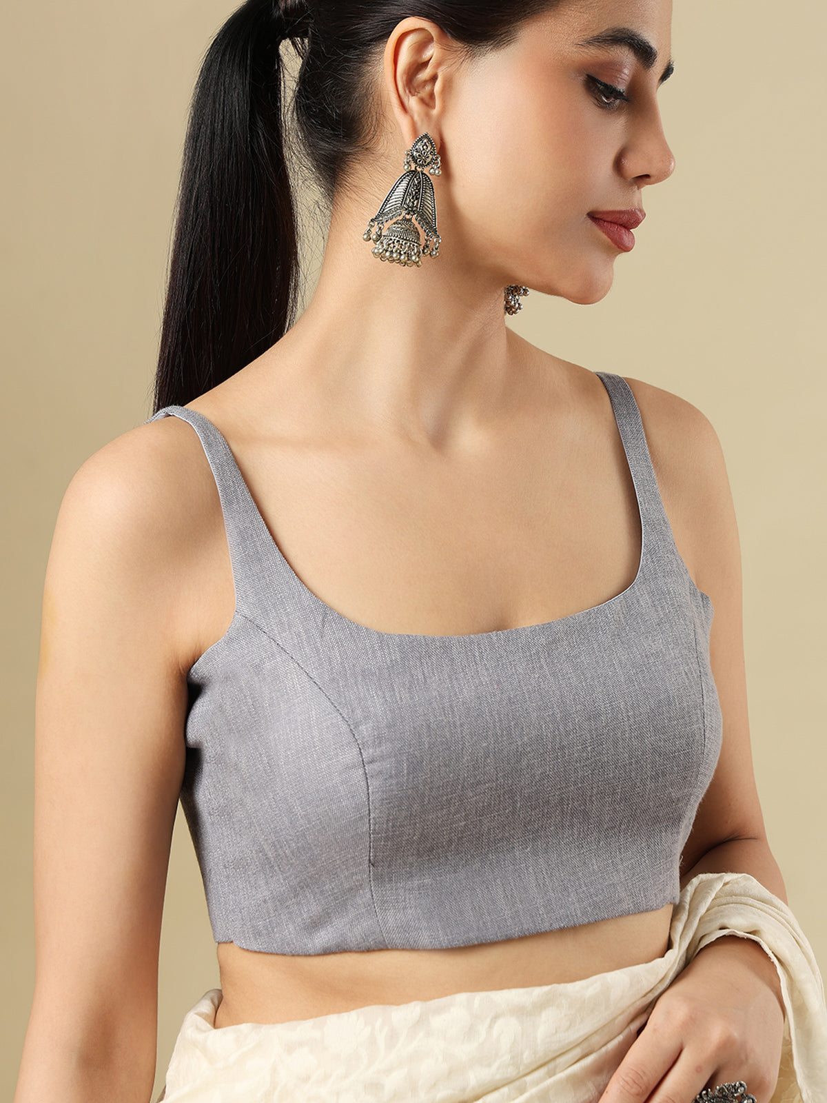 Grey linen solid blouse with round neckline and back opening