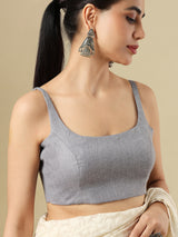 Grey linen solid blouse with round neckline and back opening
