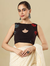 Black cotton printed blouse with boat neckline and sleeveless styling