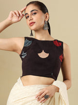 Black cotton printed blouse with boat neckline and sleeveless styling