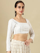 White georgette embellished blouse with square neckline and full sleeves