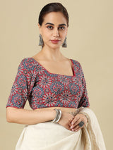 Red cotton printed blouse with square neckline and elbow sleeves