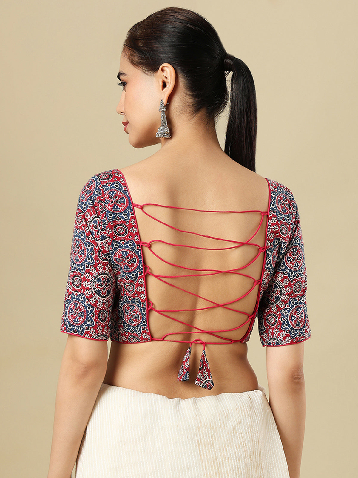 Red cotton printed blouse with square neckline and elbow sleeves
