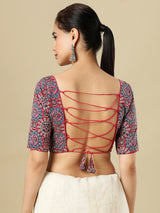 Red cotton printed blouse with square neckline and elbow sleeves