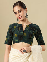 Green cotton printed blouse with boat neckline and elbow sleeves
