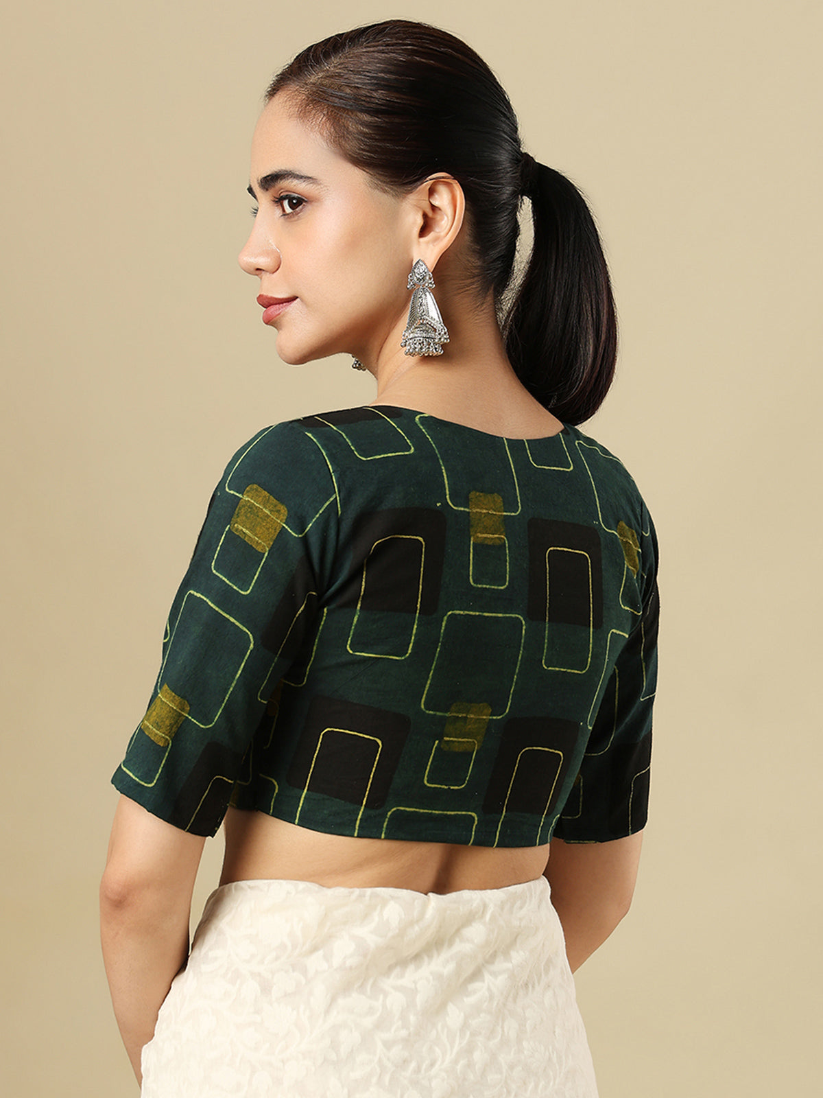 Green cotton printed blouse with boat neckline and elbow sleeves