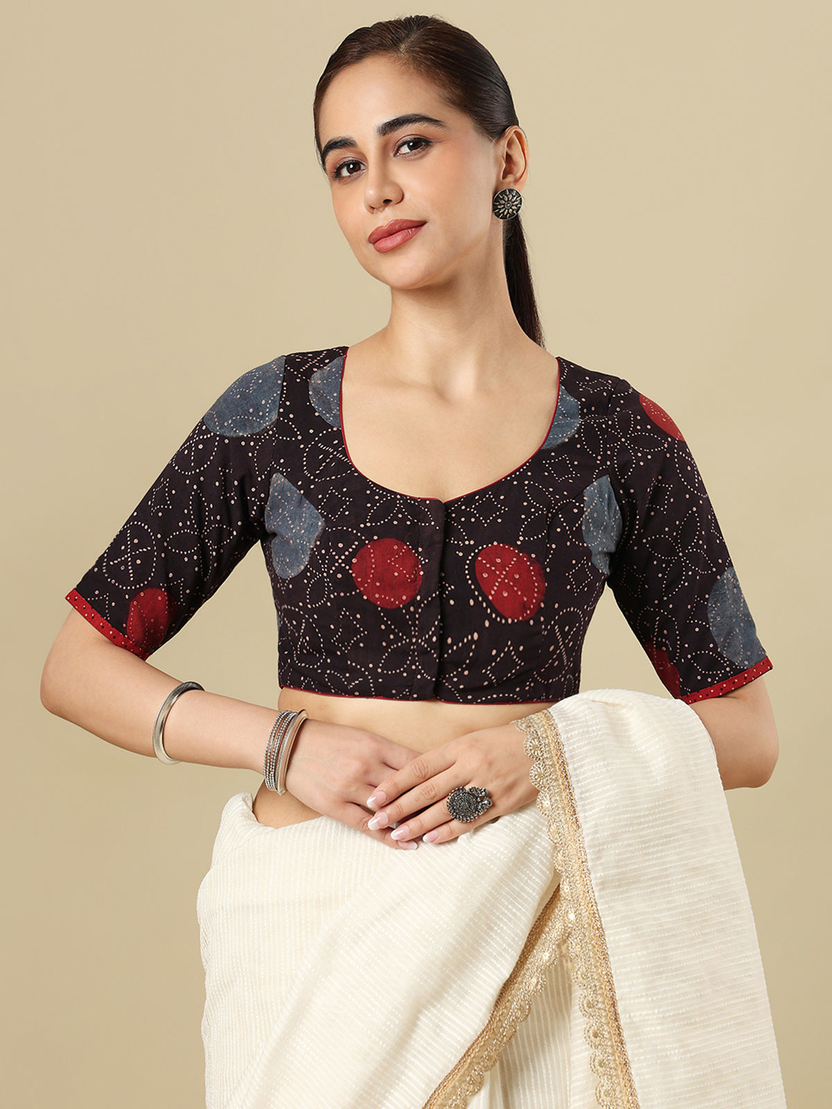 Multicolour cotton printed blouse with round neckline and elbow sleeves