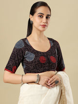 Multicolour cotton printed blouse with round neckline and elbow sleeves