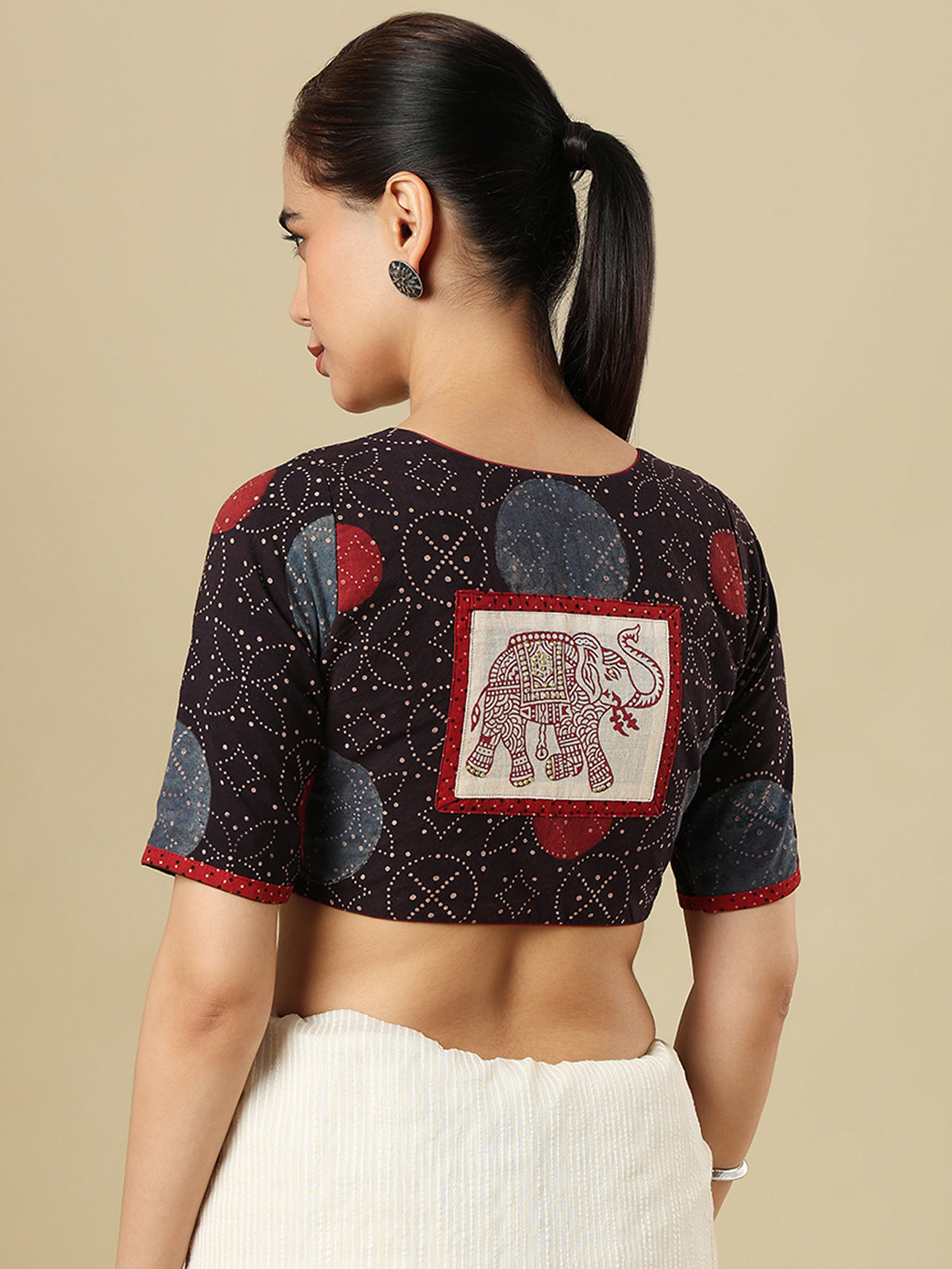 Multicolour cotton printed blouse with round neckline and elbow sleeves