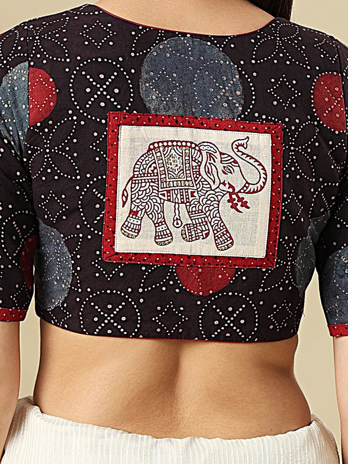 Multicolour cotton printed blouse with round neckline and elbow sleeves