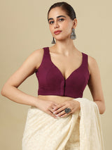 Wine cotton solid blouse with sweetheart neckline and front opening